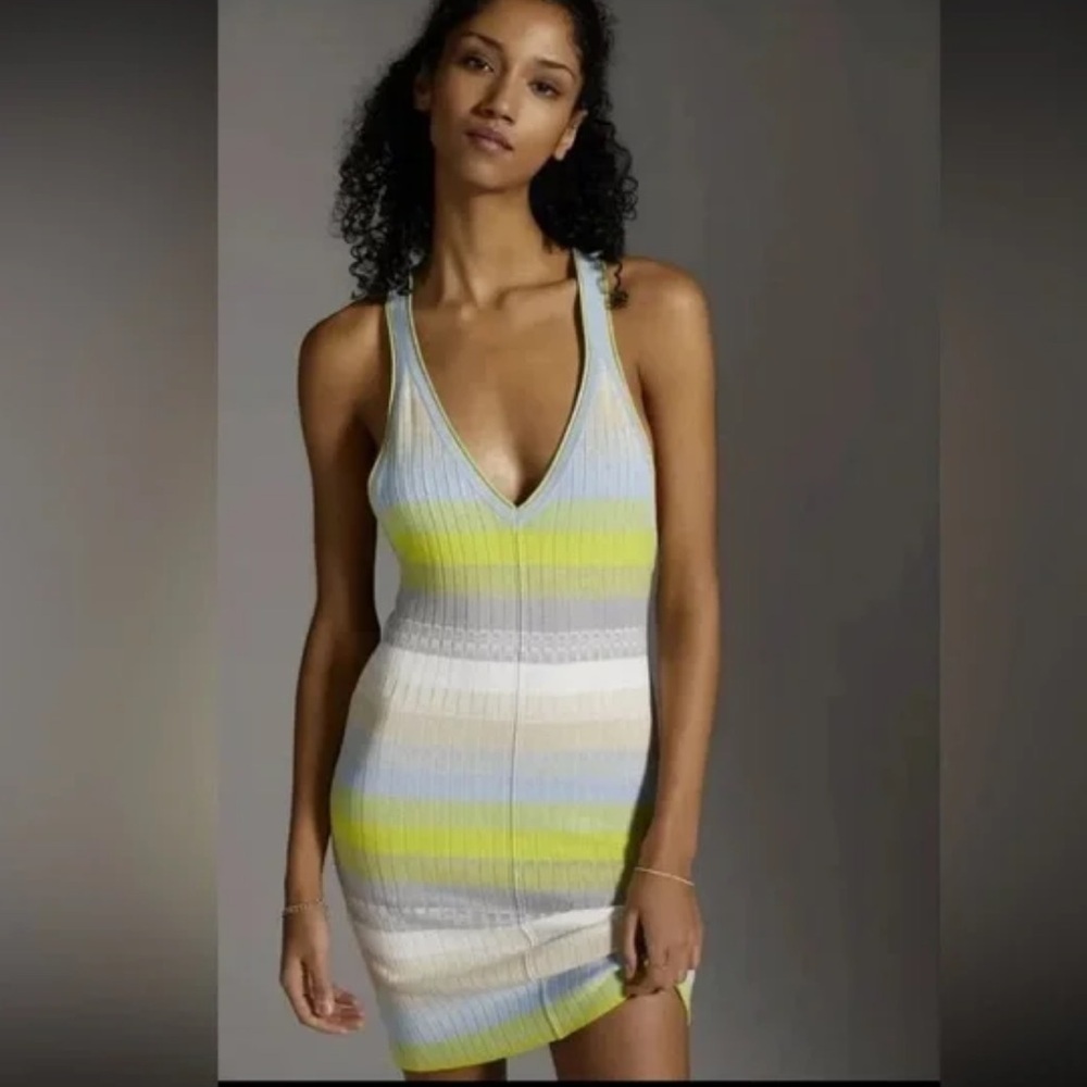 Anthropologie Striped Knit Mini Dress in Blue, Yellow, Cream